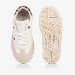 Tommy Hilfiger-Girls Ivory Lace-Up Trainers with Leopard Print Trim | Childrensalon