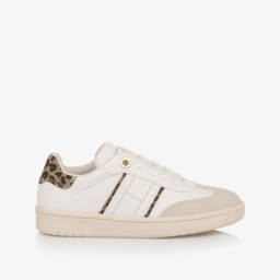 Tommy Hilfiger-Girls Ivory Lace-Up Trainers with Leopard Print Trim | Childrensalon