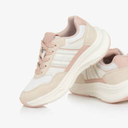 Tommy Hilfiger-Girls Ivory & Pink Faux Leather & Mesh Lace-up Trainers | Childrensalon
