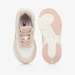 Tommy Hilfiger-Girls Ivory & Pink Faux Leather & Mesh Lace-up Trainers | Childrensalon