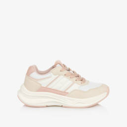 Tommy Hilfiger-Girls Ivory & Pink Faux Leather & Mesh Lace-up Trainers | Childrensalon