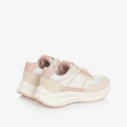 Tommy Hilfiger-Girls Ivory & Pink Faux Leather & Mesh Lace-up Trainers | Childrensalon