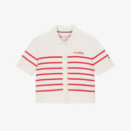 Girls Ivory & Red Stripe Short Sleeve Ribbed Cardigan
