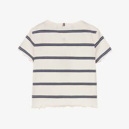 Tommy Hilfiger-Girls Ivory Stripe Ribbed Jersey T-Shirt | Childrensalon