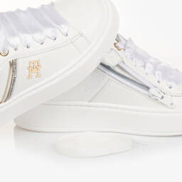 Tommy Hilfiger-Girls White & Gold Faux Leather Trainers | Childrensalon