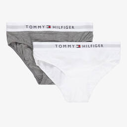 Tommy Hilfiger-Girls White & Grey Cotton Knickers (2 Pack) | Childrensalon