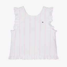 Girls White & Pink Striped Seersucker Blouse