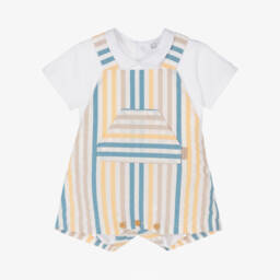 Tutto Piccolo-Baby Boys Beige & Blue Striped Cotton Dungaree Set | Childrensalon