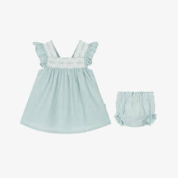 Tutto Piccolo-Baby Girls Green Linen & Cotton Dress Set | Childrensalon