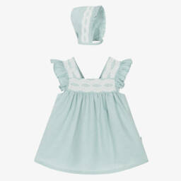 Tutto Piccolo-Baby Girls Green Linen & Cotton Dress Set | Childrensalon