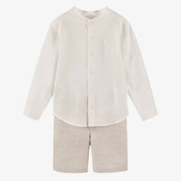Tutto Piccolo-Boys Ivory & Beige Linen Shirt & Shorts Set | Childrensalon