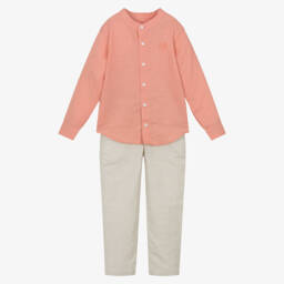 Tutto Piccolo-Boys Orange & Beige Linen & Cotton Trouser Set | Childrensalon