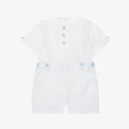 Boys White & Pale Blue Striped Shorts Set