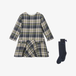 Tutto Piccolo-Girls Grey & Blue Check Cotton Dress & Socks Set | Childrensalon