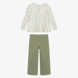 Tutto Piccolo-Girls Ivory Cotton Floral Blouse & Green Trouser Set | Childrensalon