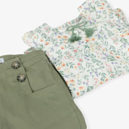 Tutto Piccolo-Girls Ivory Cotton Floral Blouse & Green Trouser Set | Childrensalon