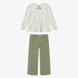 Tutto Piccolo-Girls Ivory Cotton Floral Blouse & Green Trouser Set | Childrensalon
