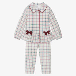 Tutto Piccolo-Girls Ivory Cotton Jersey Bow Pyjamas with Red & Blue Check | Childrensalon