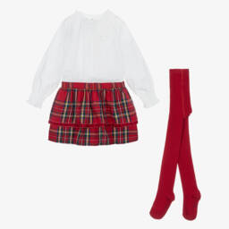 Tutto Piccolo-Girls White & Red Tartan Tiered Skirt Set | Childrensalon
