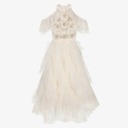 Tutu du Monde-Girls Ivory Beaded Tulle Dress with Waterfall Ruffles | Childrensalon