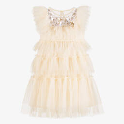 Tutu du Monde-Платье кремовое ярусное из тюля с бусинами и цветами из пайеток | Childrensalon