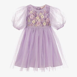 Tutu du Monde-Girls Lilac Purple Tulle Dress with Beaded Flower Appliqués | Childrensalon