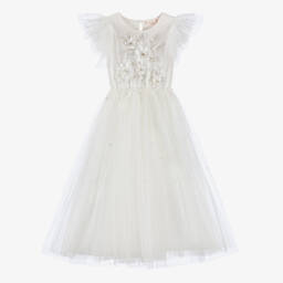 Tutu du Monde-Girls Long Ivory Tulle Dress with Beaded & Sequinned Flowers | Childrensalon