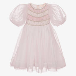 فستان تول بأكمام منفوخة لون زهري فاتح للبنات