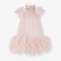 Tutu du Monde-Girls Pink Glittery Tulle Dress with Pearl & Diamanté Collar | Childrensalon