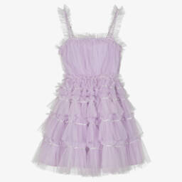 Girls Purple Beaded Ruffled Tulle Dress