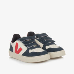 VEJA-Blue, Ivory & Red V-10 Leather Trainers | Childrensalon