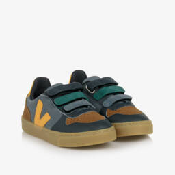 VEJA-Boys Blue, Brown & Yellow Suede Leather V-10 Trainers | Childrensalon