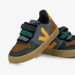 VEJA-Boys Blue, Brown & Yellow Suede Leather V-10 Trainers | Childrensalon