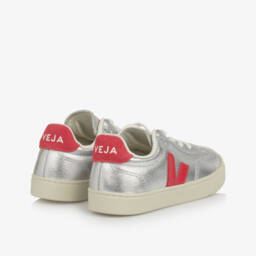 VEJA-Girls Metallic Silver & Red Leather Volley Trainers | Childrensalon
