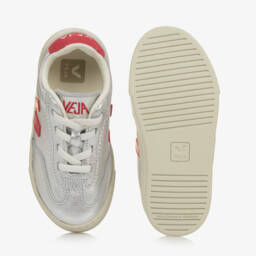 VEJA-Girls Metallic Silver & Red Leather Volley Trainers | Childrensalon