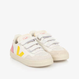 VEJA-Girls White Leather & Yellow V-90 Trainers | Childrensalon