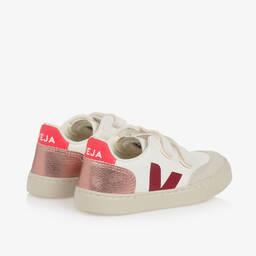 VEJA-Girls White & Red V-12 Leather Trainers | Childrensalon