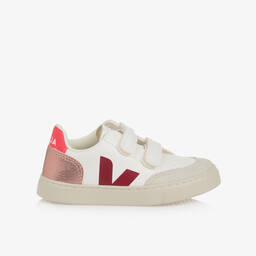 VEJA-Girls White & Red V-12 Leather Trainers | Childrensalon