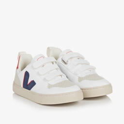 VEJA-White & Blue Faux Leather V-10 Trainers | Childrensalon