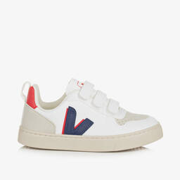 VEJA-White & Blue Faux Leather V-10 Trainers | Childrensalon
