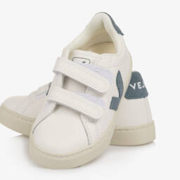 VEJA-White & Blue Leather Esplar Velcro Trainers | Childrensalon