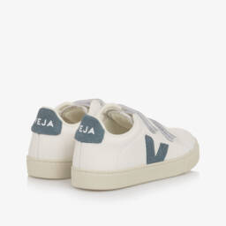 VEJA-White & Blue Leather Esplar Velcro Trainers | Childrensalon