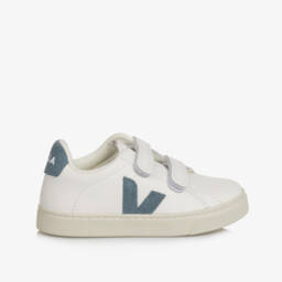 VEJA-White & Blue Leather Esplar Velcro Trainers | Childrensalon