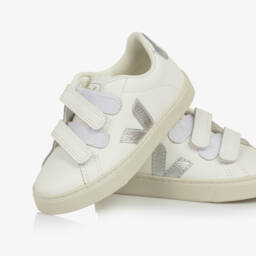 VEJA-White & Silver Leather Esplar Velcro Trainers | Childrensalon