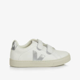 VEJA-White & Silver Leather Esplar Velcro Trainers | Childrensalon