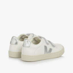 VEJA-White & Silver Leather Esplar Velcro Trainers | Childrensalon