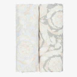Versace-Blue & Grey Barocco Print Cotton Muslins (2 Pack) | Childrensalon