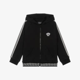 Boys Black Medusa Zip-Up Hoodie with Greca Waistband