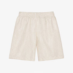 Boys Ivory & Beige Silk Greca Mosaic Silk Shorts 
