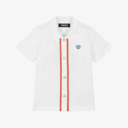 Boys White Cotton Piqué Medusa Logo Shirt with Red Trim